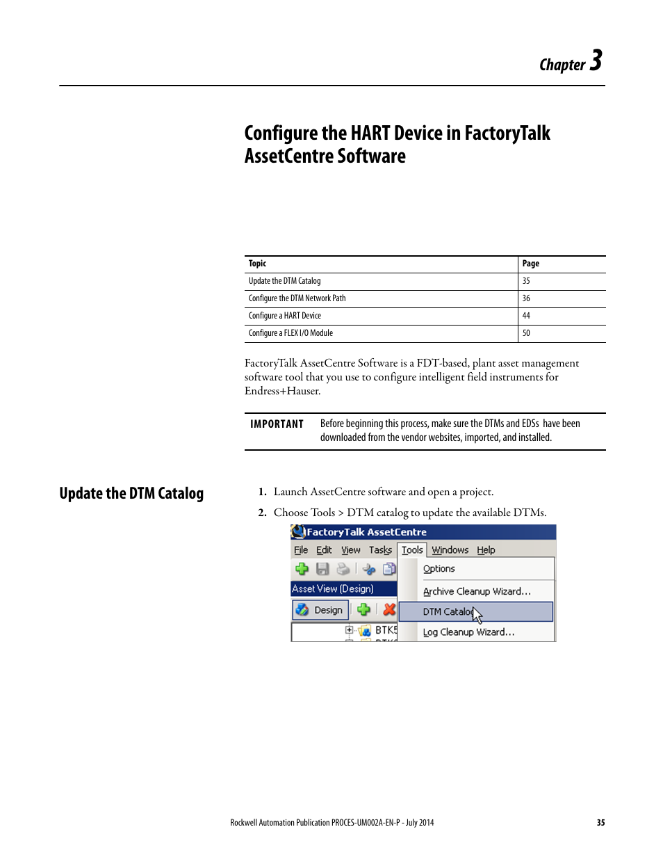 Chapter 3, Update the dtm catalog, Configure a hart input module | Chapter | Rockwell Automation 1734sc-IE4CH E+H Instruments via HART to PlantPAx User Manual User Manual | Page 35 / 160