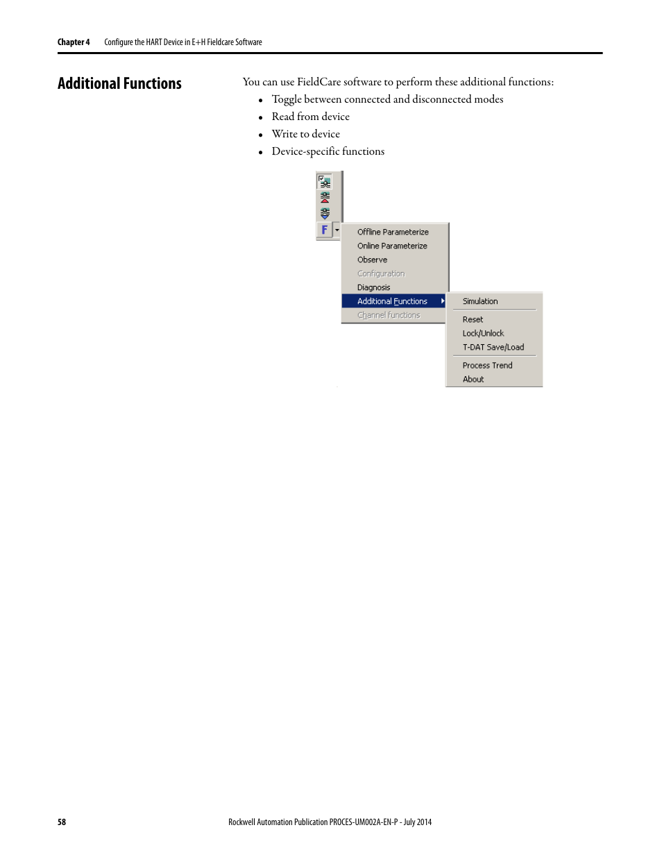 Additional functions | Rockwell Automation 1734sc-IE4CH E+H Instruments via HART to PlantPAx User Manual User Manual | Page 58 / 160