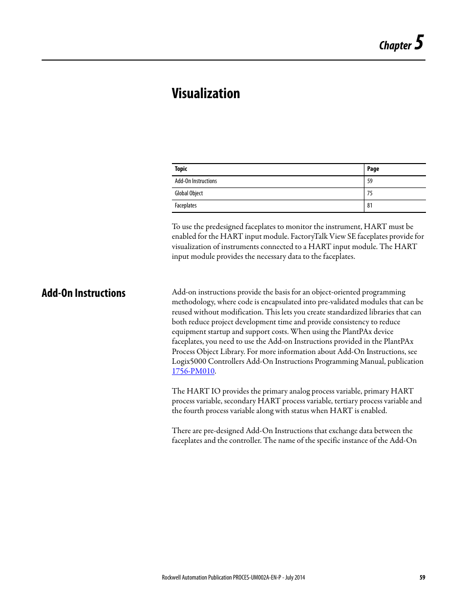Chapter 5, Visualization, Add-on instructions | Chapter | Rockwell Automation 1734sc-IE4CH E+H Instruments via HART to PlantPAx User Manual User Manual | Page 59 / 160