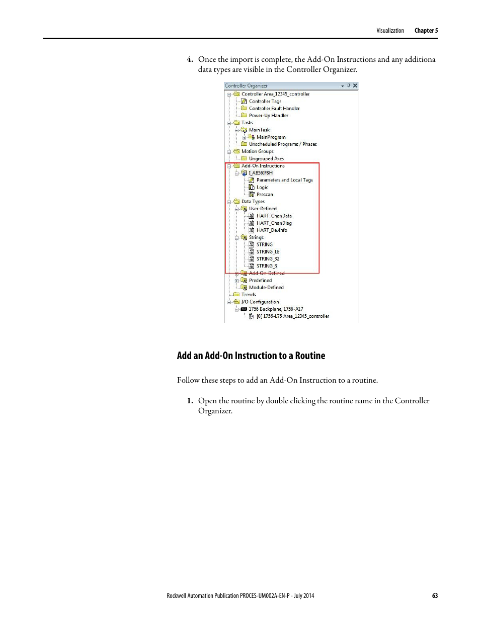 Add an add-on instruction to a routine | Rockwell Automation 1734sc-IE4CH E+H Instruments via HART to PlantPAx User Manual User Manual | Page 63 / 160