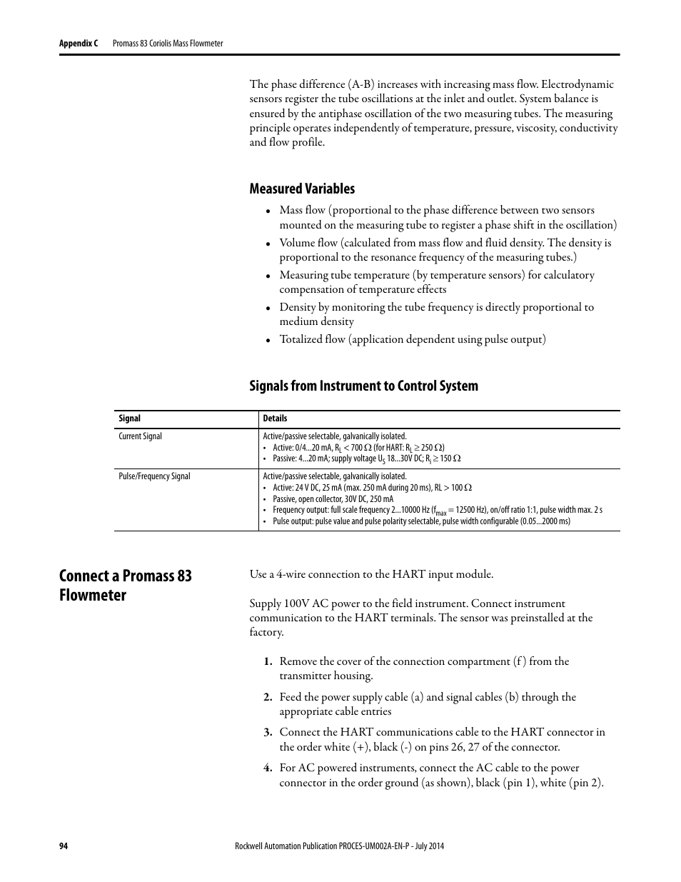 Measured variables, Signals from instrument to control system, Connect a promass 83 flowmeter | Rockwell Automation 1734sc-IE4CH E+H Instruments via HART to PlantPAx User Manual User Manual | Page 94 / 160