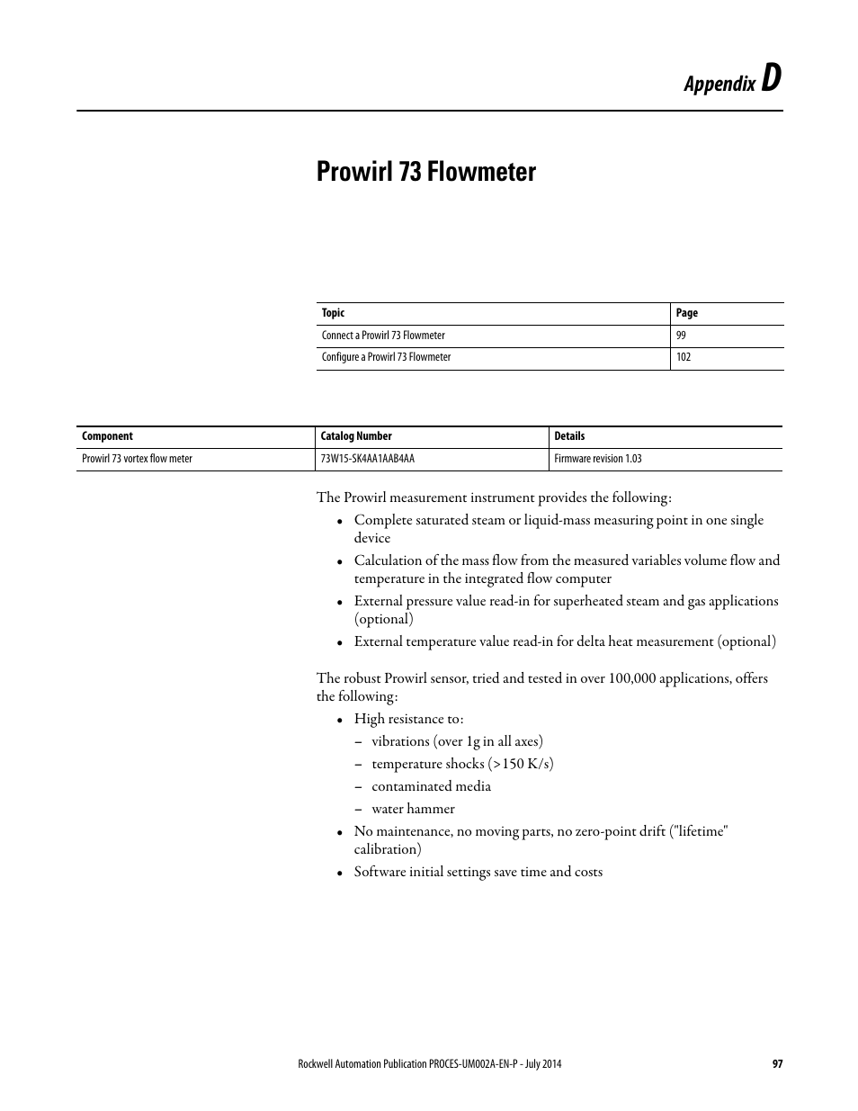 Appendix d, Prowirl 73 flowmeter, Appendix | Rockwell Automation 1734sc-IE4CH E+H Instruments via HART to PlantPAx User Manual User Manual | Page 97 / 160