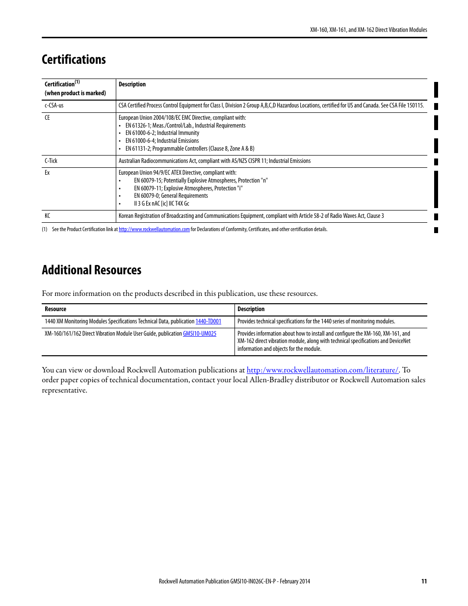 Certifications, Additional resources, Certifications additional resources | Rockwell Automation 1440-VDRP06-00RH XM-162 Direct Vibration Modules User Manual | Page 11 / 12
