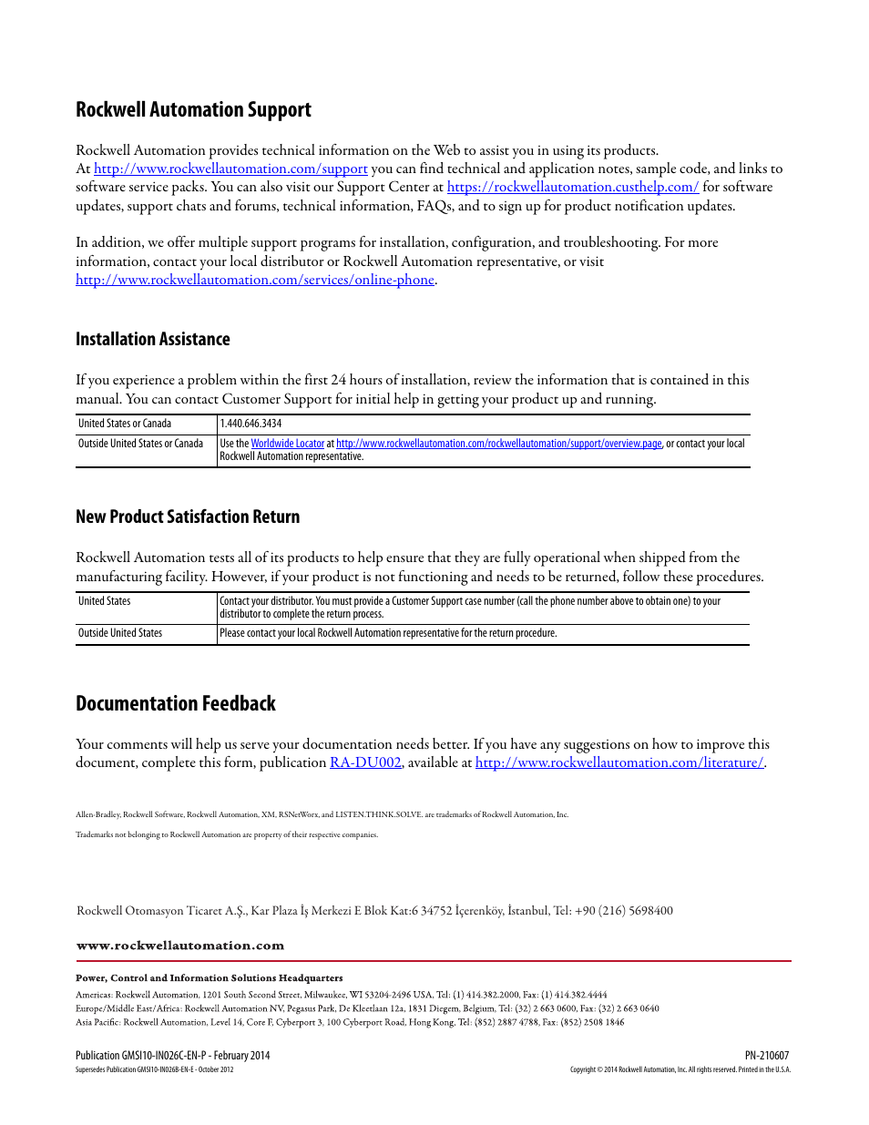 Untitled, Rockwell automation support, Documentation feedback | Installation assistance, New product satisfaction return | Rockwell Automation 1440-VDRP06-00RH XM-162 Direct Vibration Modules User Manual | Page 12 / 12