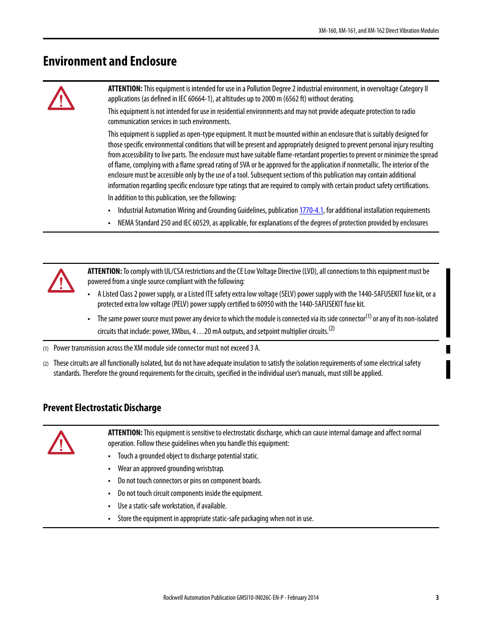Environment and enclosure, Prevent electrostatic discharge | Rockwell Automation 1440-VDRP06-00RH XM-162 Direct Vibration Modules User Manual | Page 3 / 12
