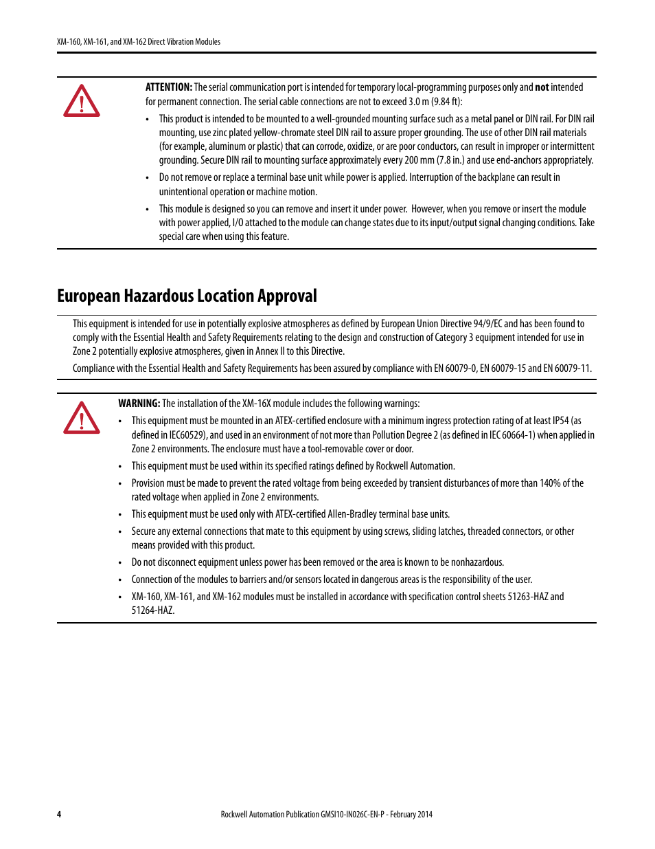 European hazardous location approval | Rockwell Automation 1440-VDRP06-00RH XM-162 Direct Vibration Modules User Manual | Page 4 / 12