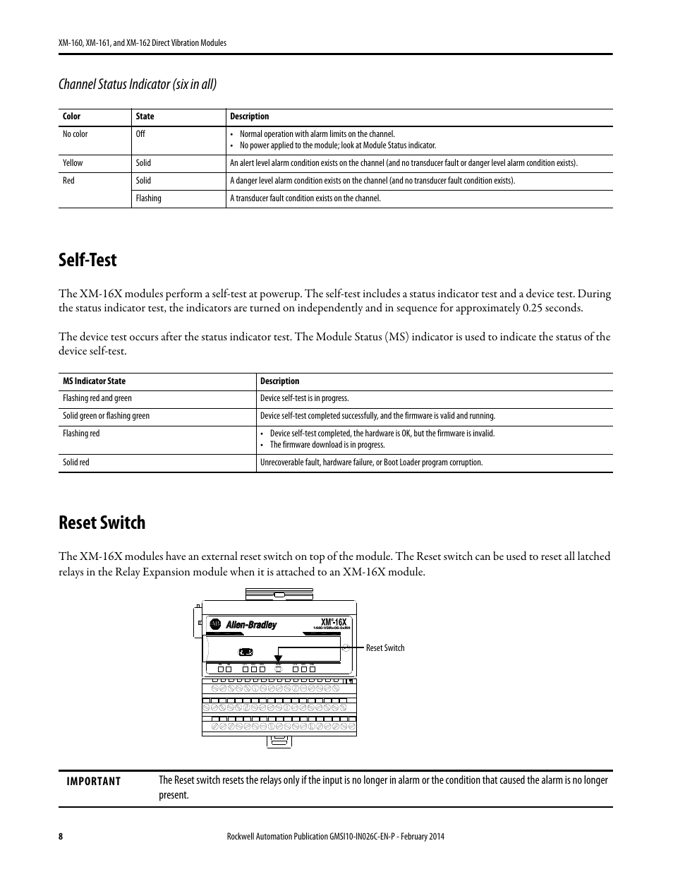 Self-test, Reset switch, Channel status indicator (six in all) | Rockwell Automation 1440-VDRP06-00RH XM-162 Direct Vibration Modules User Manual | Page 8 / 12