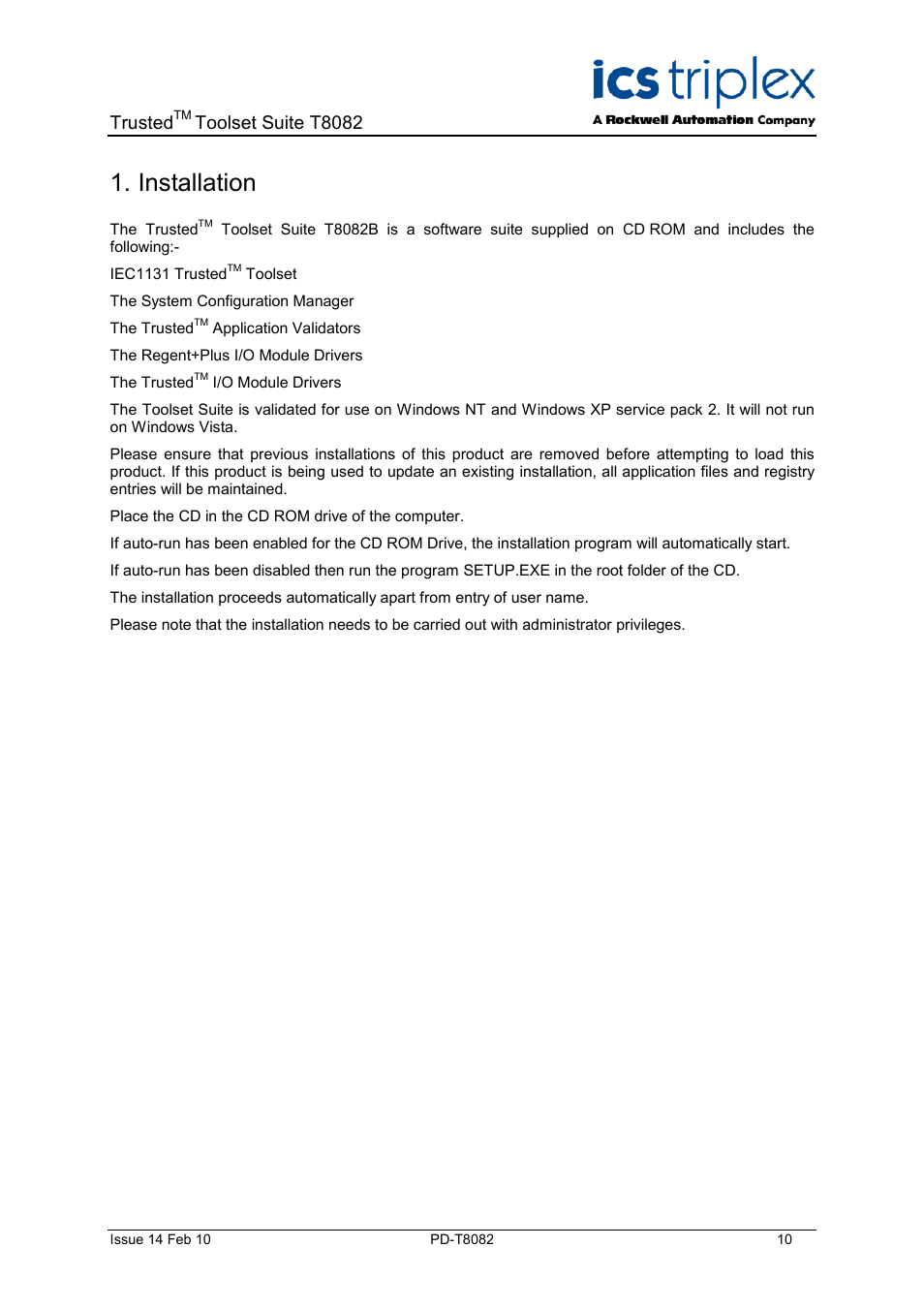 Installation, Trusted, Toolset suite t8082 | Rockwell Automation T8082 Trusted Toolset Suite User Manual | Page 10 / 82