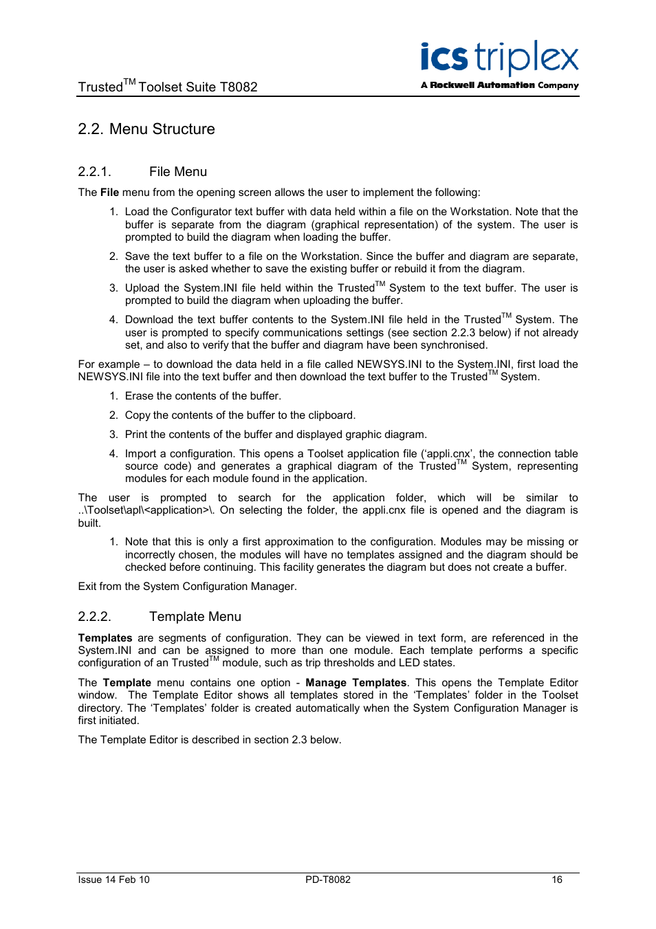 Menu structure, File menu, Template menu | Trusted, Toolset suite t8082 | Rockwell Automation T8082 Trusted Toolset Suite User Manual | Page 16 / 82