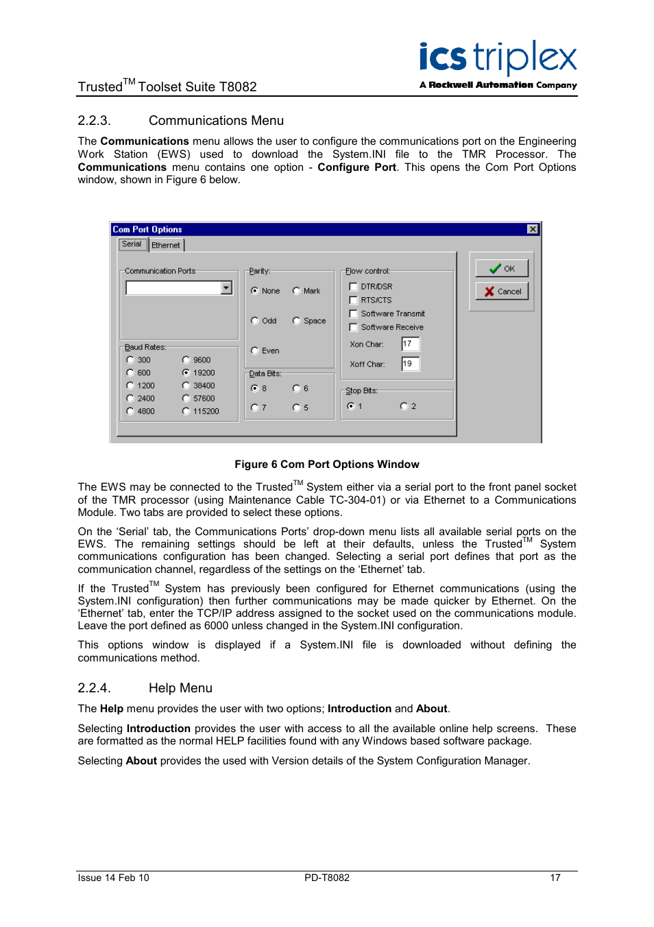 Communications menu, Help menu, Figure 6 com port options window | Trusted, Toolset suite t8082 | Rockwell Automation T8082 Trusted Toolset Suite User Manual | Page 17 / 82