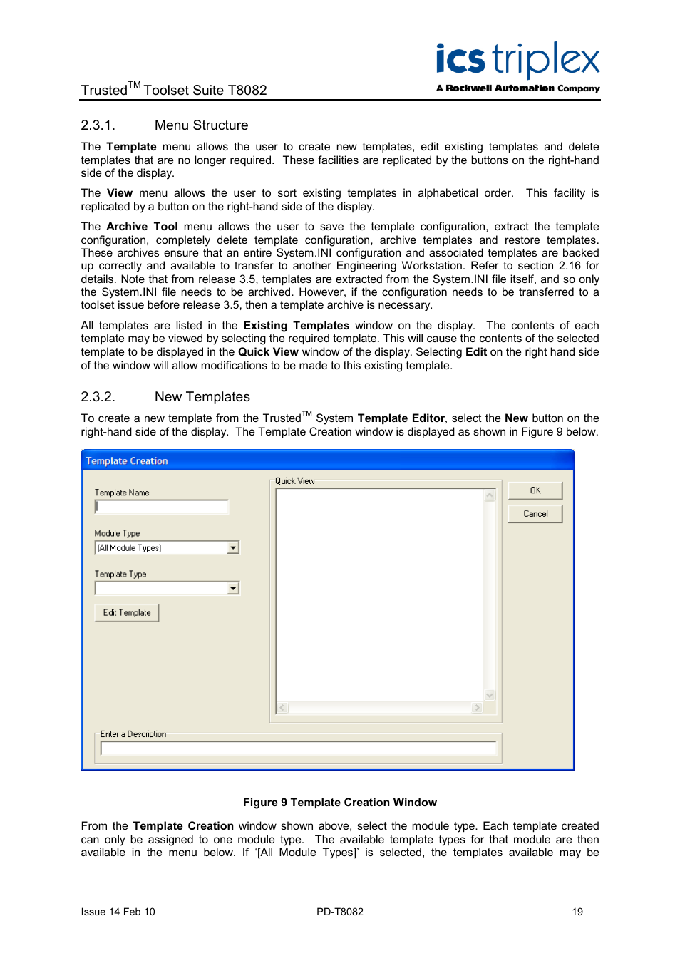 Menu structure, New templates, Figure 9 template creation window | Rockwell Automation T8082 Trusted Toolset Suite User Manual | Page 19 / 82