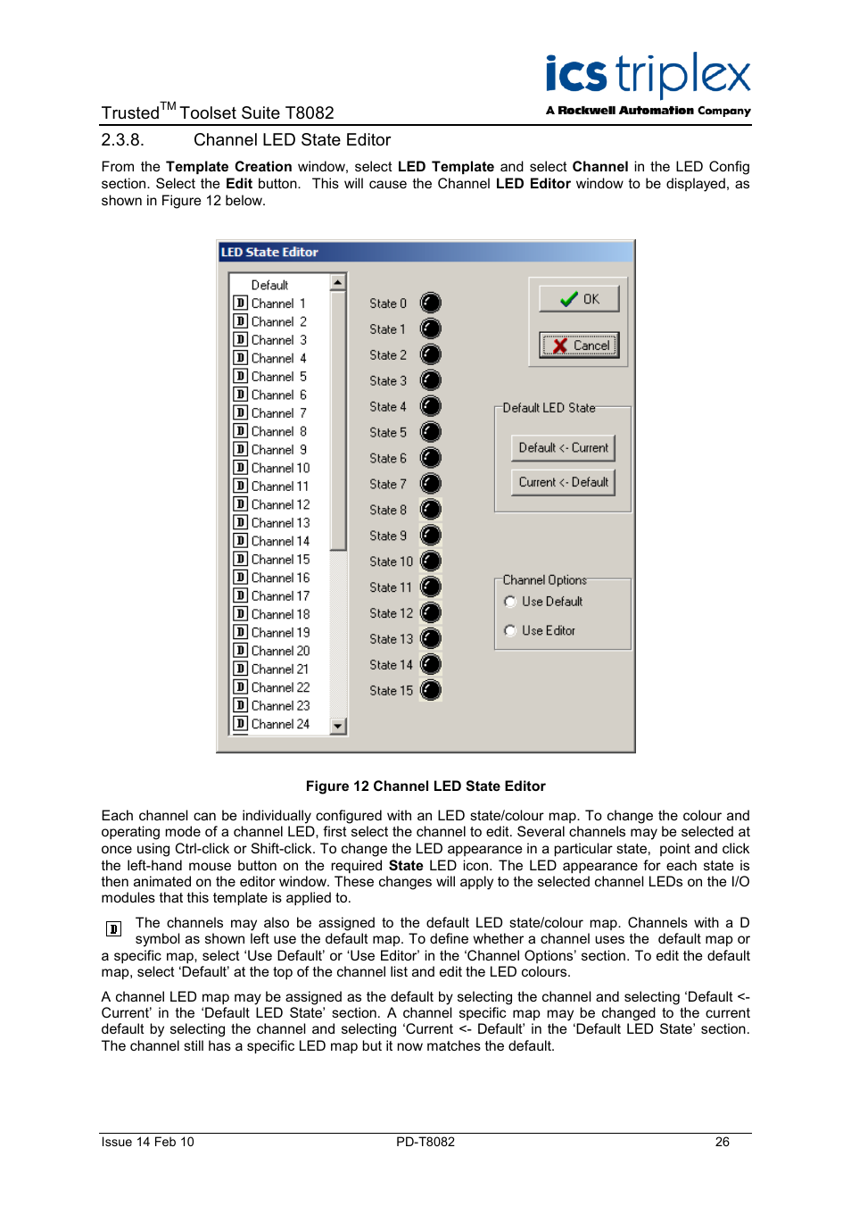 Channel led state editor, Figure 12 channel led state editor, N 2.3.8 below | Rockwell Automation T8082 Trusted Toolset Suite User Manual | Page 26 / 82