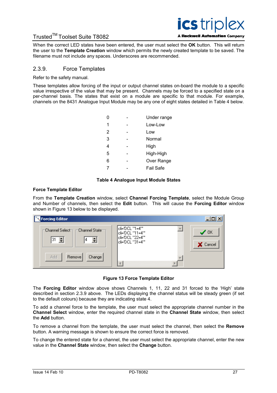 Force templates, Figure 13 force template editor, Table 4 analogue input module states | Trusted, Toolset suite t8082 | Rockwell Automation T8082 Trusted Toolset Suite User Manual | Page 27 / 82