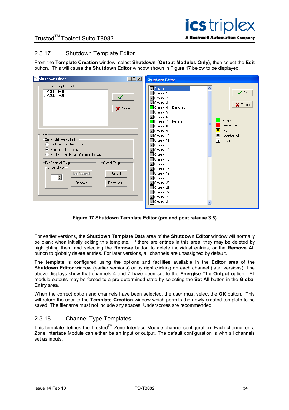 Shutdown template editor, Channel type templates | Rockwell Automation T8082 Trusted Toolset Suite User Manual | Page 34 / 82