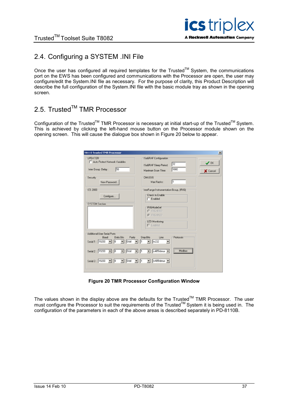 Configuring a system .ini file, Trustedtm tmr processor, Trusted | Tmr processor, Figure 20 tmr processor configuration window, Toolset suite t8082 | Rockwell Automation T8082 Trusted Toolset Suite User Manual | Page 37 / 82