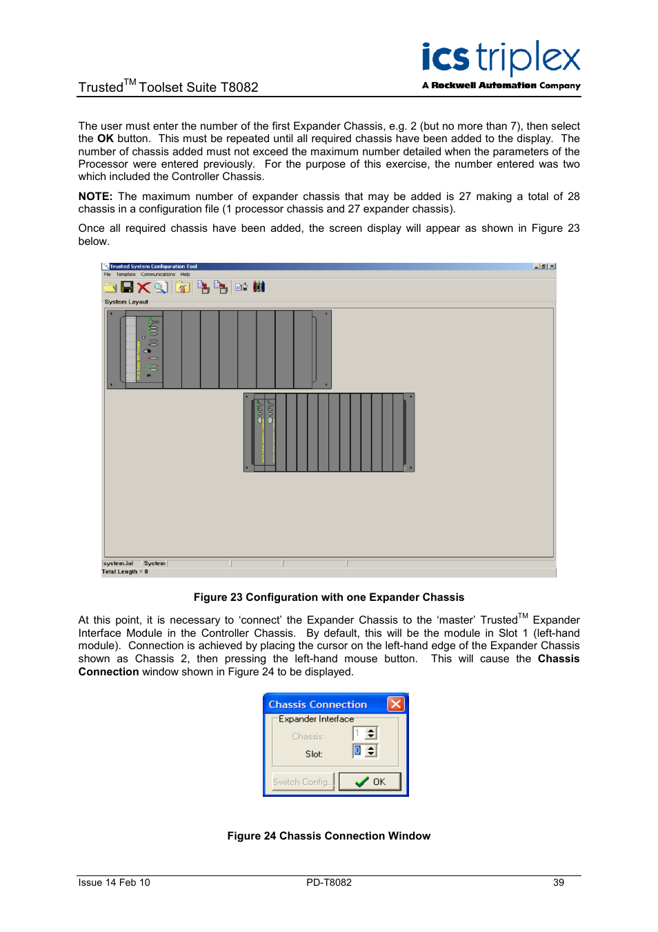 Figure 23 configuration with one expander chassis, Figure 24 chassis connection window, Trusted | Toolset suite t8082 | Rockwell Automation T8082 Trusted Toolset Suite User Manual | Page 39 / 82