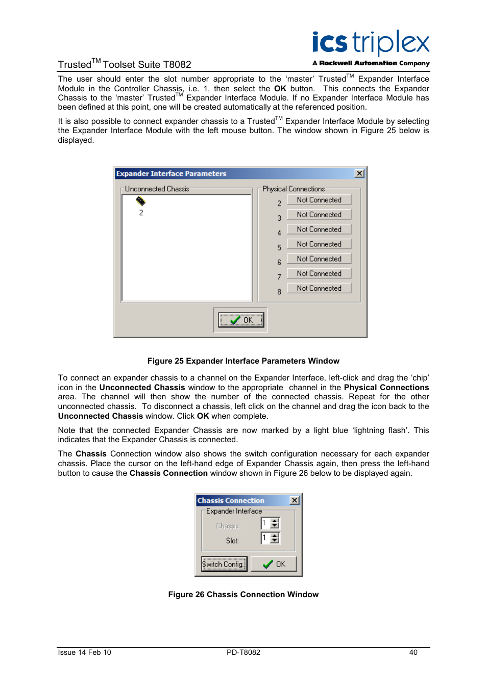 Figure 25 expander interface parameters window, Figure 26 chassis connection window, Trusted | Toolset suite t8082 | Rockwell Automation T8082 Trusted Toolset Suite User Manual | Page 40 / 82