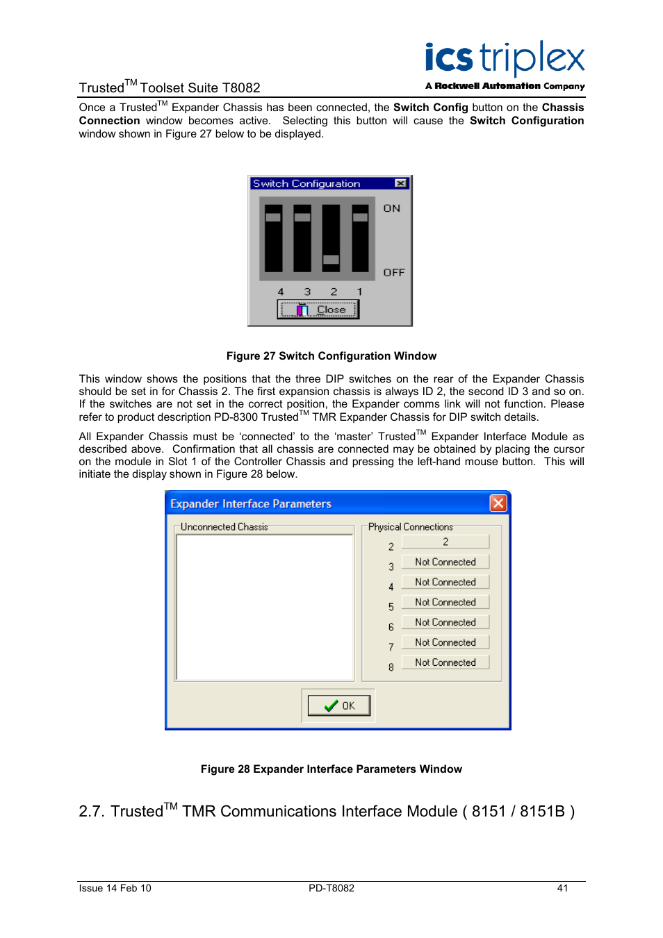 Trusted, Figure 27 switch configuration window, Figure 28 expander interface parameters window | Toolset suite t8082 | Rockwell Automation T8082 Trusted Toolset Suite User Manual | Page 41 / 82