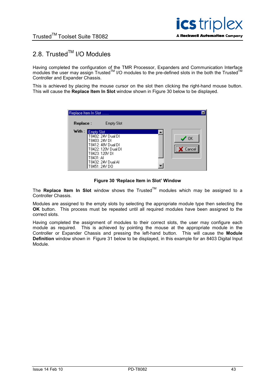 Trustedtm i/o modules, Trusted, I/o modules | Figure 30 ‘replace item in slot’ window, Toolset suite t8082 | Rockwell Automation T8082 Trusted Toolset Suite User Manual | Page 43 / 82