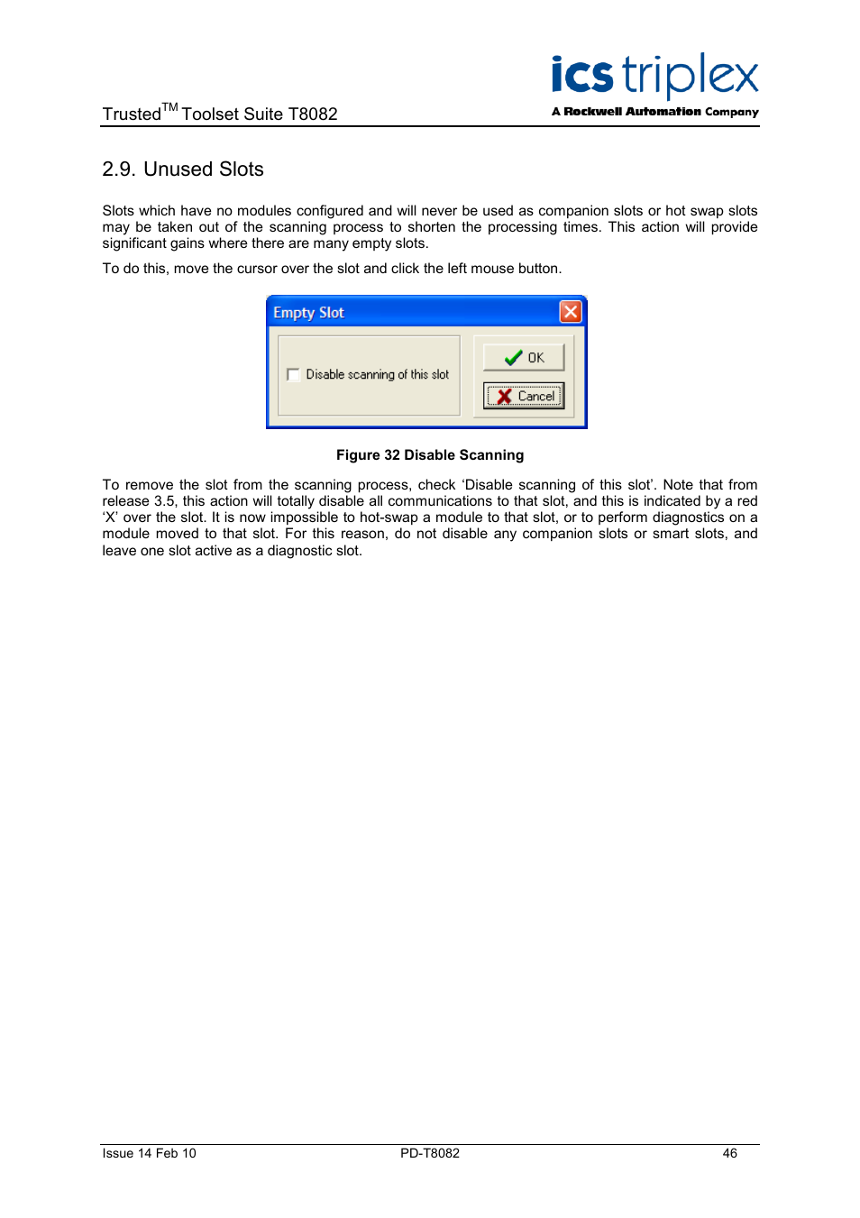 Unused slots, Figure 32 disable scanning | Rockwell Automation T8082 Trusted Toolset Suite User Manual | Page 46 / 82