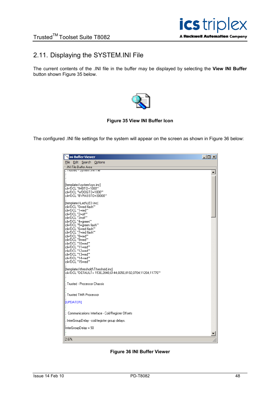 Displaying the system.ini file, Figure 35 view ini buffer icon, Figure 36 ini buffer viewer | Rockwell Automation T8082 Trusted Toolset Suite User Manual | Page 48 / 82