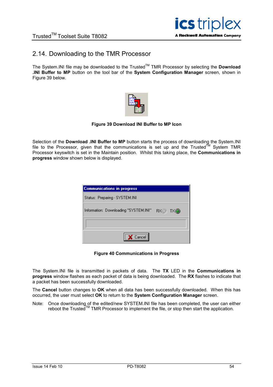 Downloading to the tmr processor, Figure 39 download ini buffer to mp icon, Figure 40 communications in progress | Trusted, Toolset suite t8082 | Rockwell Automation T8082 Trusted Toolset Suite User Manual | Page 54 / 82