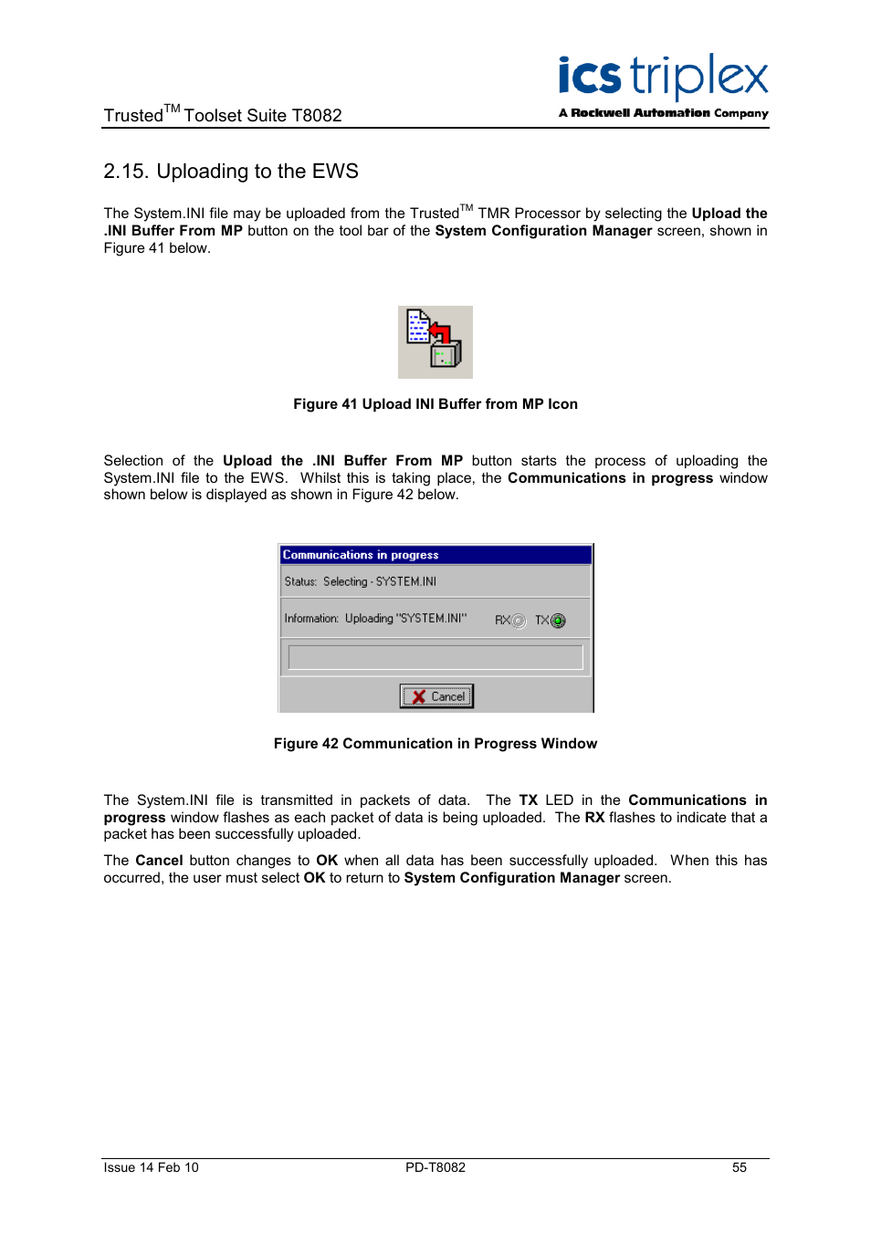 Uploading to the ews, Figure 41 upload ini buffer from mp icon, Figure 42 communication in progress window | Trusted, Toolset suite t8082 | Rockwell Automation T8082 Trusted Toolset Suite User Manual | Page 55 / 82