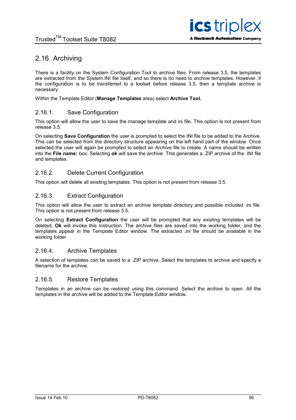 Archiving, Save configuration, Delete current configuration | Extract configuration, Archive templates, Restore templates | Rockwell Automation T8082 Trusted Toolset Suite User Manual | Page 56 / 82