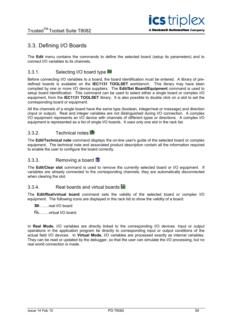 Defining i/o boards, Selecting i/o board type, Technical notes | Removing a board, Real boards and virtual boards | Rockwell Automation T8082 Trusted Toolset Suite User Manual | Page 59 / 82