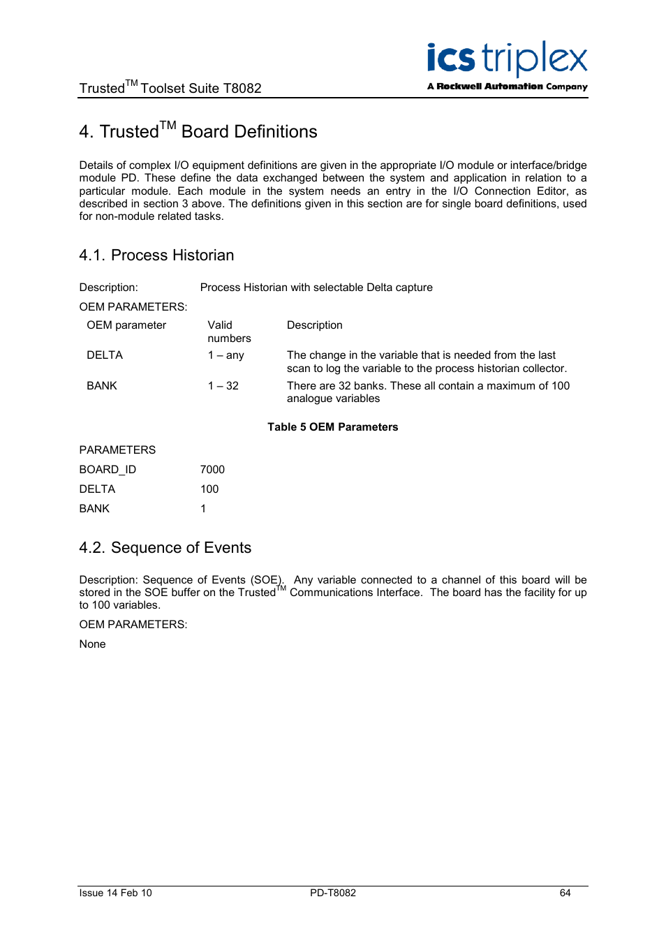 Trustedtm board definitions, Process historian, Sequence of events | Trusted, Board definitions, Table 5 oem parameters | Rockwell Automation T8082 Trusted Toolset Suite User Manual | Page 64 / 82