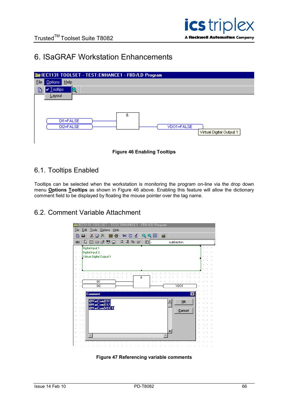 Isagraf workstation enhancements, Tooltips enabled, Comment variable attachment | Figure 46 enabling tooltips, Figure 47 referencing variable comments | Rockwell Automation T8082 Trusted Toolset Suite User Manual | Page 66 / 82