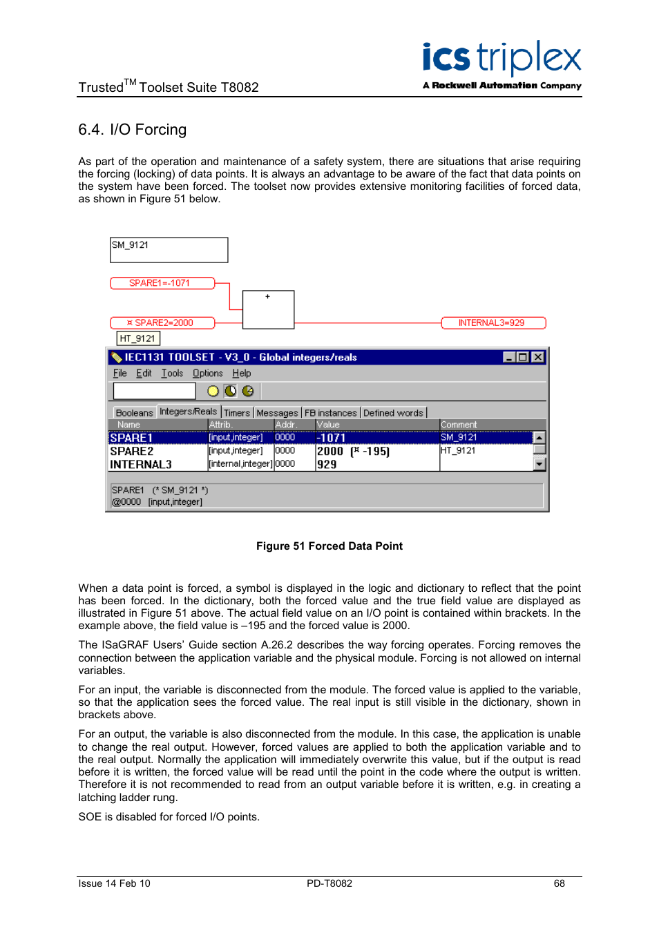 I/o forcing, Figure 51 forced data point | Rockwell Automation T8082 Trusted Toolset Suite User Manual | Page 68 / 82