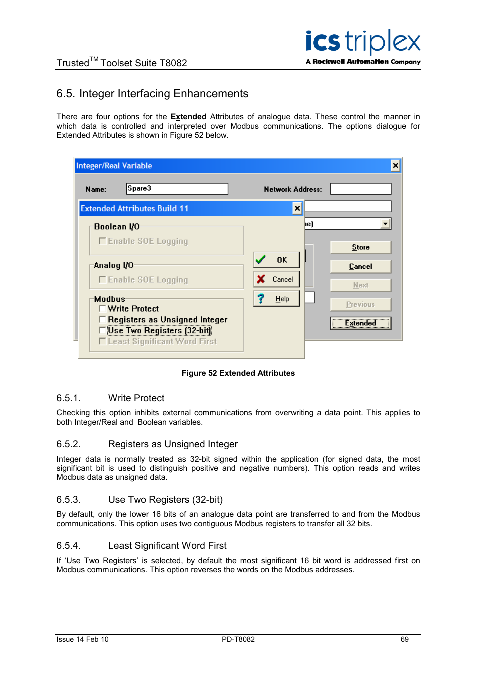 Integer interfacing enhancements, Write protect, Registers as unsigned integer | Use two registers (32-bit), Least significant word first, Figure 52 extended attributes | Rockwell Automation T8082 Trusted Toolset Suite User Manual | Page 69 / 82