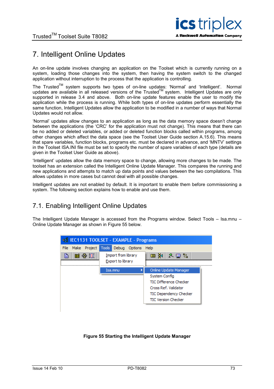 Intelligent online updates, Enabling intelligent online updates, Figure 55 starting the intelligent update manager | Trusted, Toolset suite t8082 | Rockwell Automation T8082 Trusted Toolset Suite User Manual | Page 73 / 82