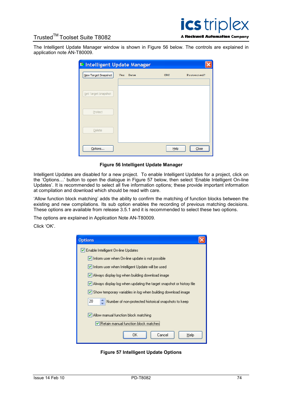 Figure 56 intelligent update manager, Figure 57 intelligent update options, Trusted | Toolset suite t8082 | Rockwell Automation T8082 Trusted Toolset Suite User Manual | Page 74 / 82