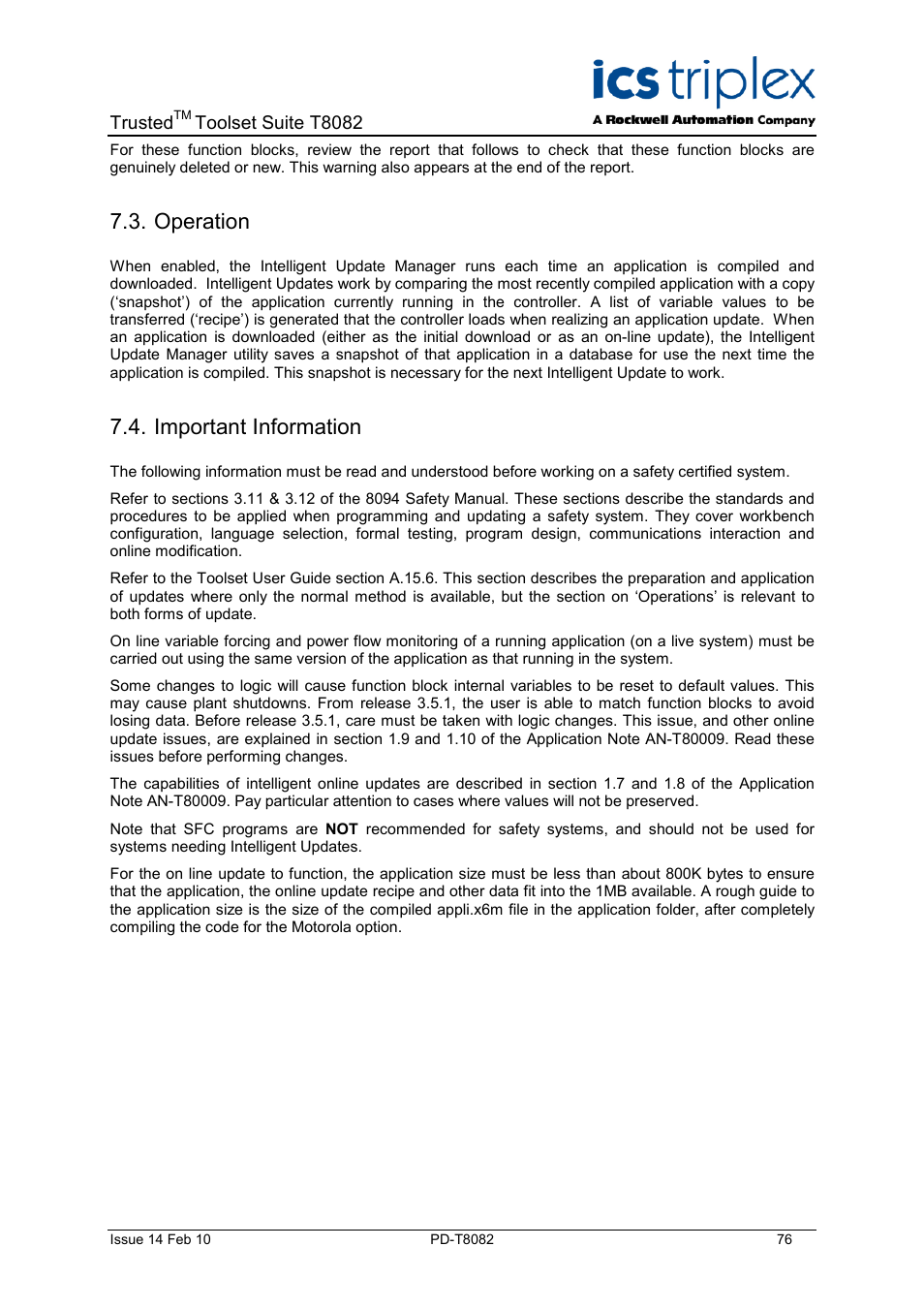 Operation, Important information | Rockwell Automation T8082 Trusted Toolset Suite User Manual | Page 76 / 82