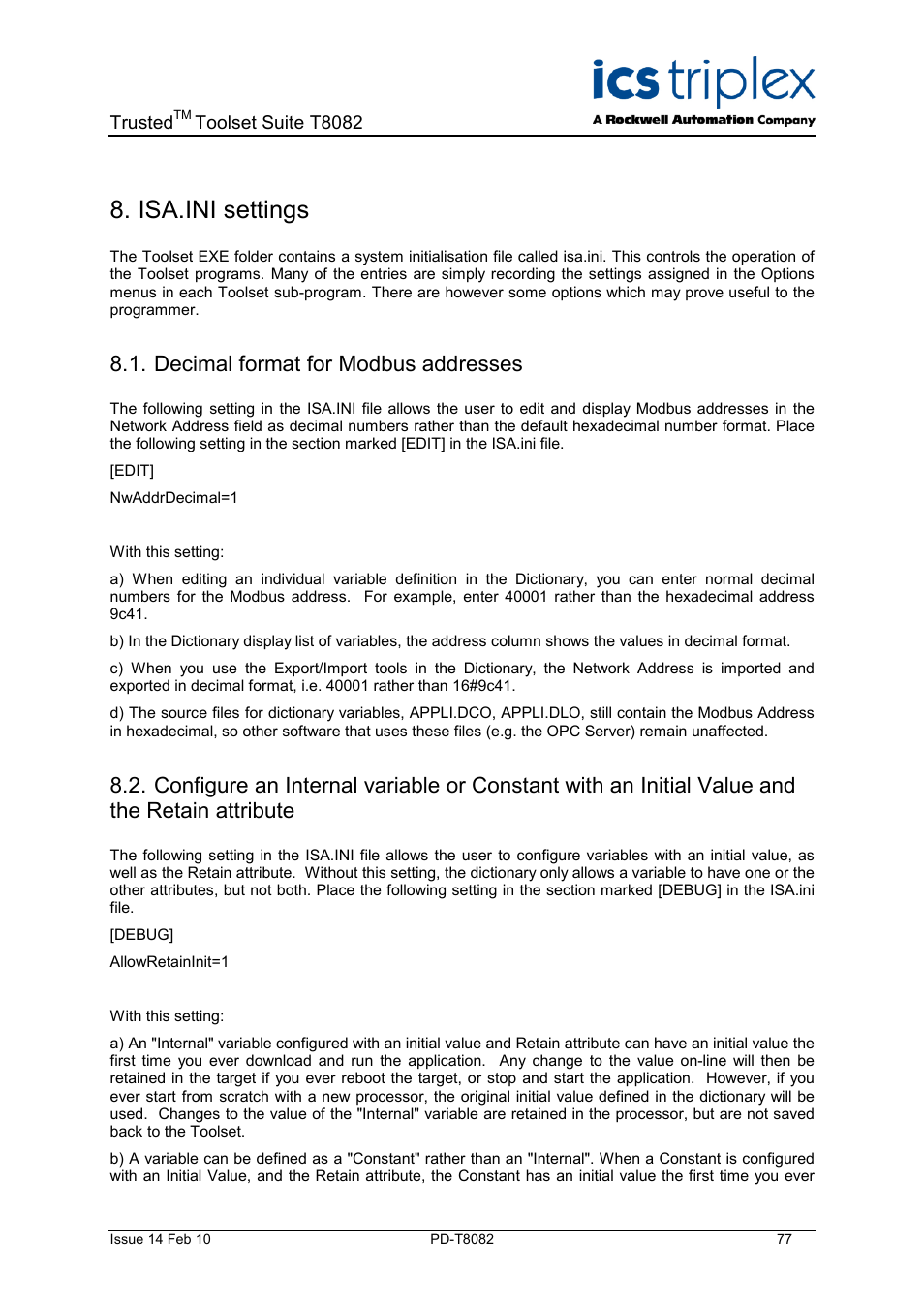 Isa.ini settings, Decimal format for modbus addresses | Rockwell Automation T8082 Trusted Toolset Suite User Manual | Page 77 / 82