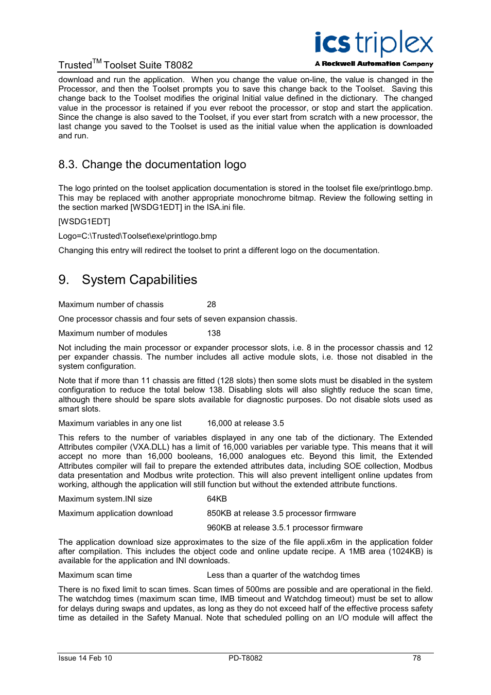 Change the documentation logo, System capabilities, Trusted | Toolset suite t8082 | Rockwell Automation T8082 Trusted Toolset Suite User Manual | Page 78 / 82