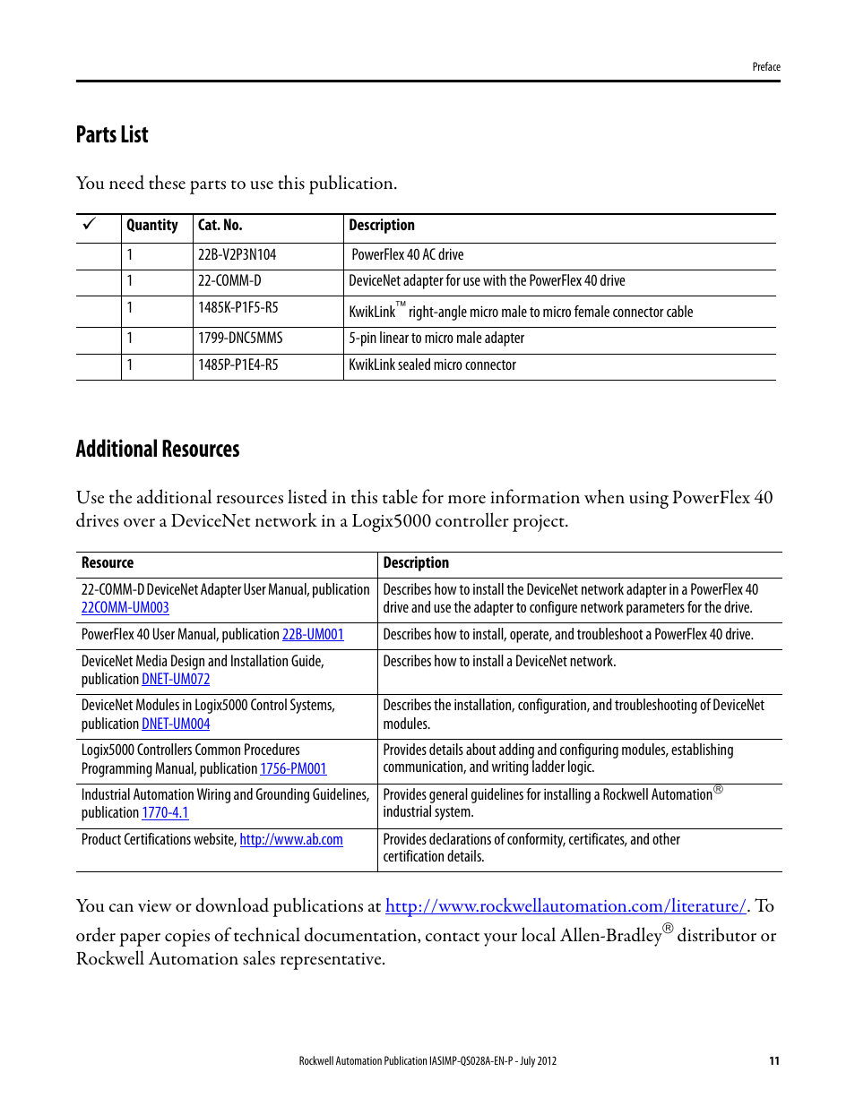 Parts list, Additional resources, Parts list additional resources | Rockwell Automation Logix5000 Control Systems: Connect PowerFlex 40 Drive over DeviceNet Quick Start User Manual | Page 11 / 54