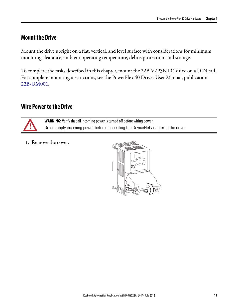 Mount the drive, Wire power to the drive, Mount the drive wire power to the drive | Rockwell Automation Logix5000 Control Systems: Connect PowerFlex 40 Drive over DeviceNet Quick Start User Manual | Page 15 / 54