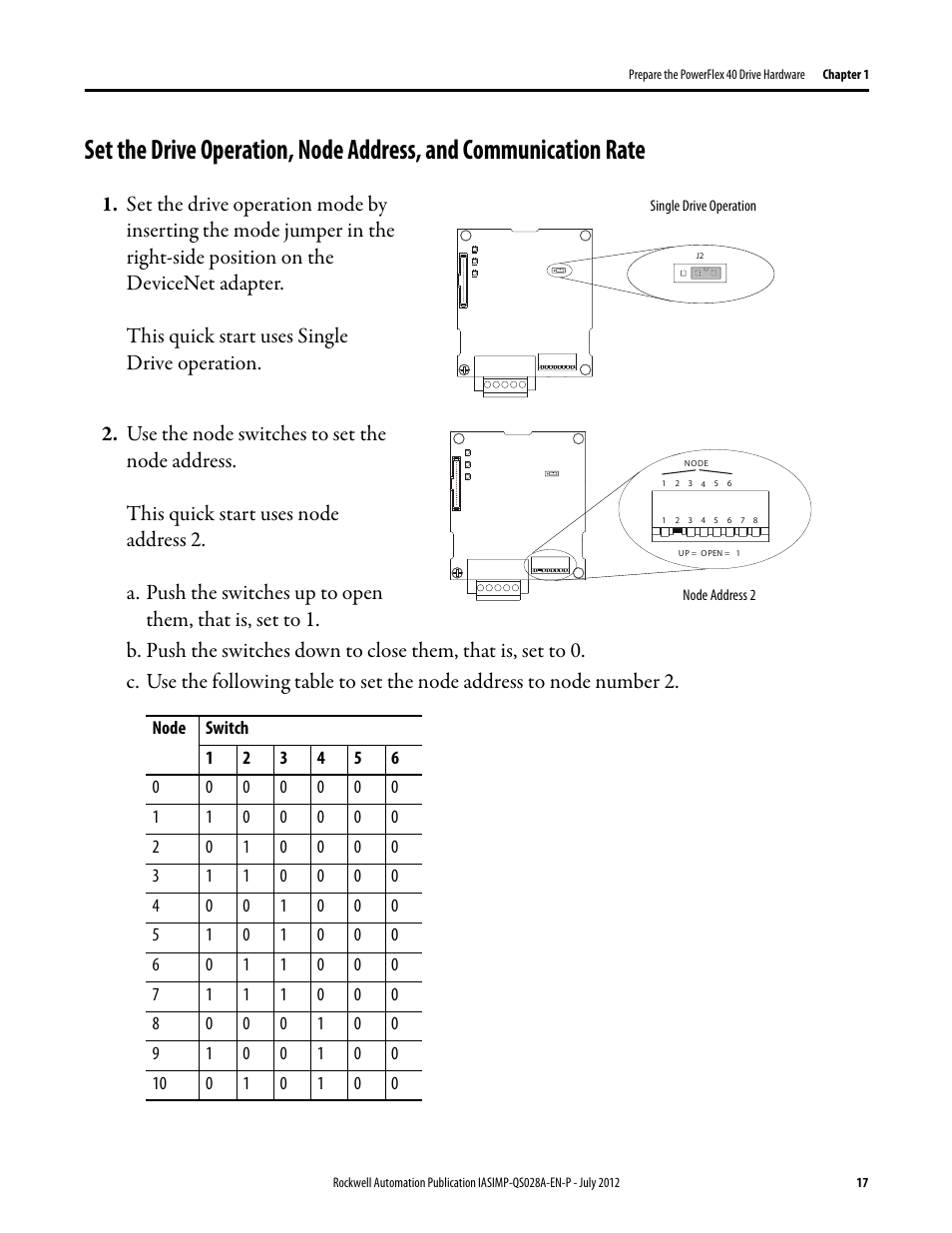 Set the drive operation, Node address, and, Communication rate | Rockwell Automation Logix5000 Control Systems: Connect PowerFlex 40 Drive over DeviceNet Quick Start User Manual | Page 17 / 54