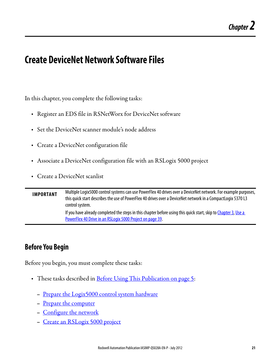 2 - create devicenet network software files, Before you begin, Chapter 2 | Create devicenet network software files, E tasks in, Described in, Create devicenet, Network software files, Chapter | Rockwell Automation Logix5000 Control Systems: Connect PowerFlex 40 Drive over DeviceNet Quick Start User Manual | Page 21 / 54