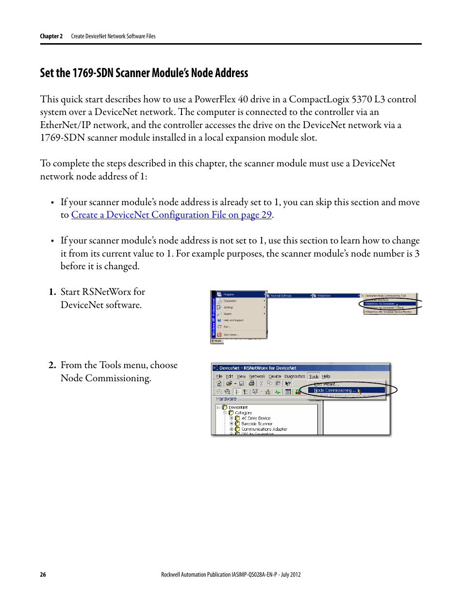 Set the 1769-sdn scanner module’s node address, Set the 1769-sdn, Scanner module’s | Node address, Set the | Rockwell Automation Logix5000 Control Systems: Connect PowerFlex 40 Drive over DeviceNet Quick Start User Manual | Page 26 / 54