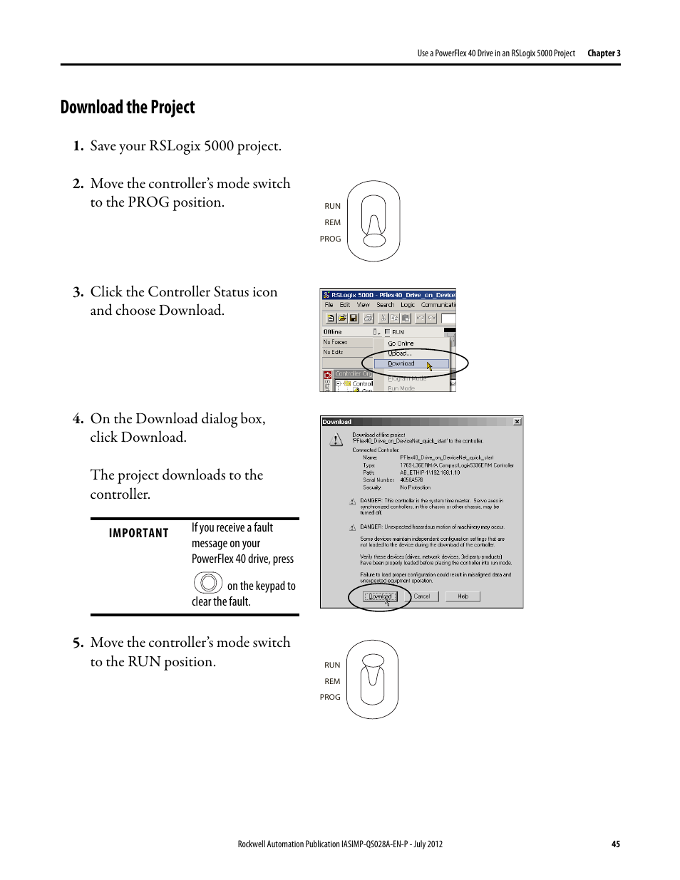 Download the project, Download the, Project | Rockwell Automation Logix5000 Control Systems: Connect PowerFlex 40 Drive over DeviceNet Quick Start User Manual | Page 45 / 54