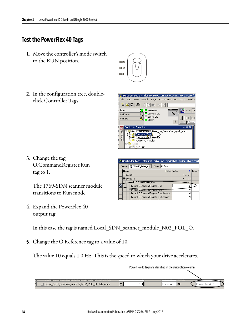 Test the powerflex 40 tags, Test the powerflex, 40 tags | Rockwell Automation Logix5000 Control Systems: Connect PowerFlex 40 Drive over DeviceNet Quick Start User Manual | Page 48 / 54