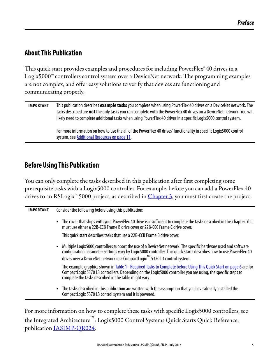 About this publication, Before using this publication, Preface | About this publication 5 | Rockwell Automation Logix5000 Control Systems: Connect PowerFlex 40 Drive over DeviceNet Quick Start User Manual | Page 5 / 54