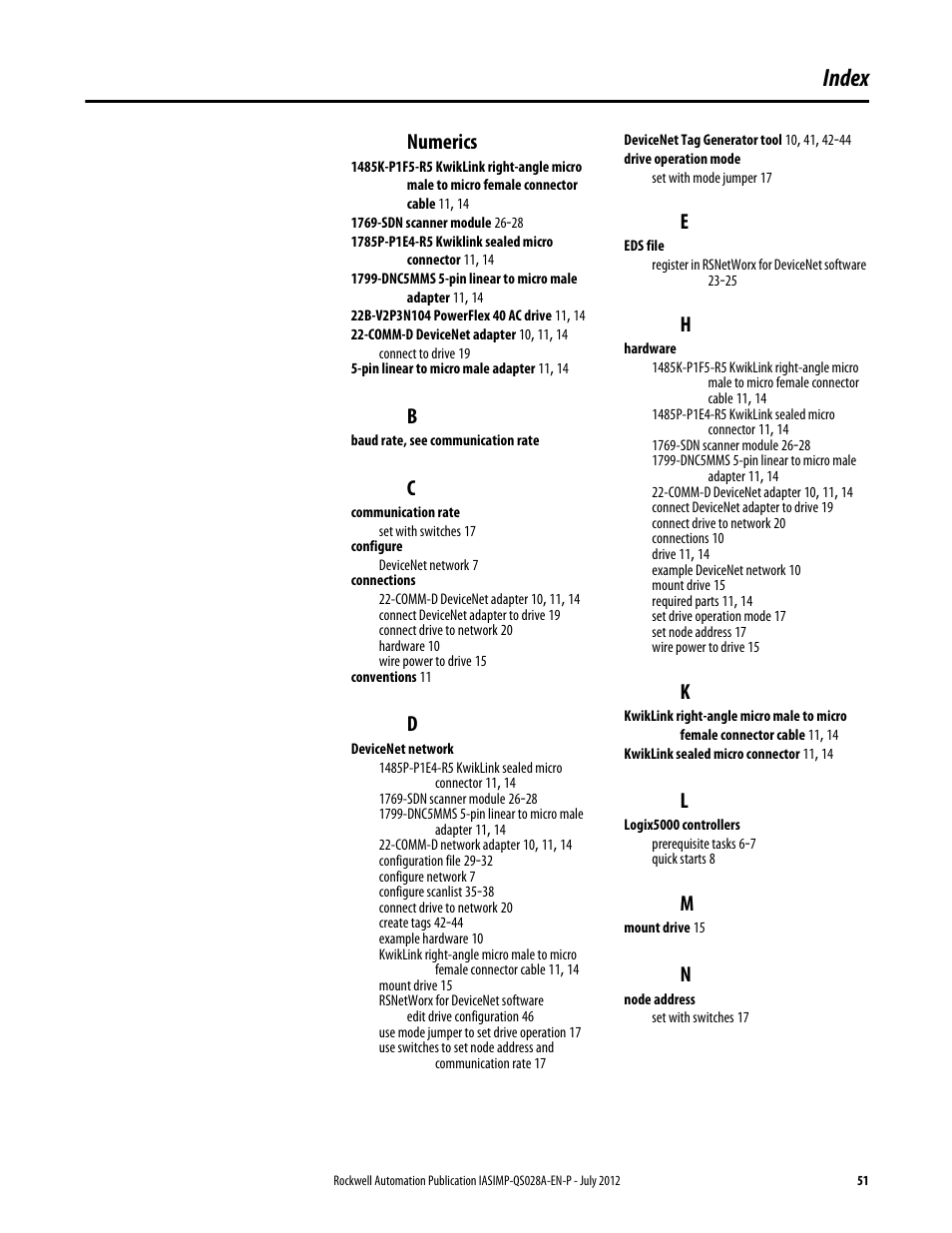 Index, Numerics | Rockwell Automation Logix5000 Control Systems: Connect PowerFlex 40 Drive over DeviceNet Quick Start User Manual | Page 51 / 54