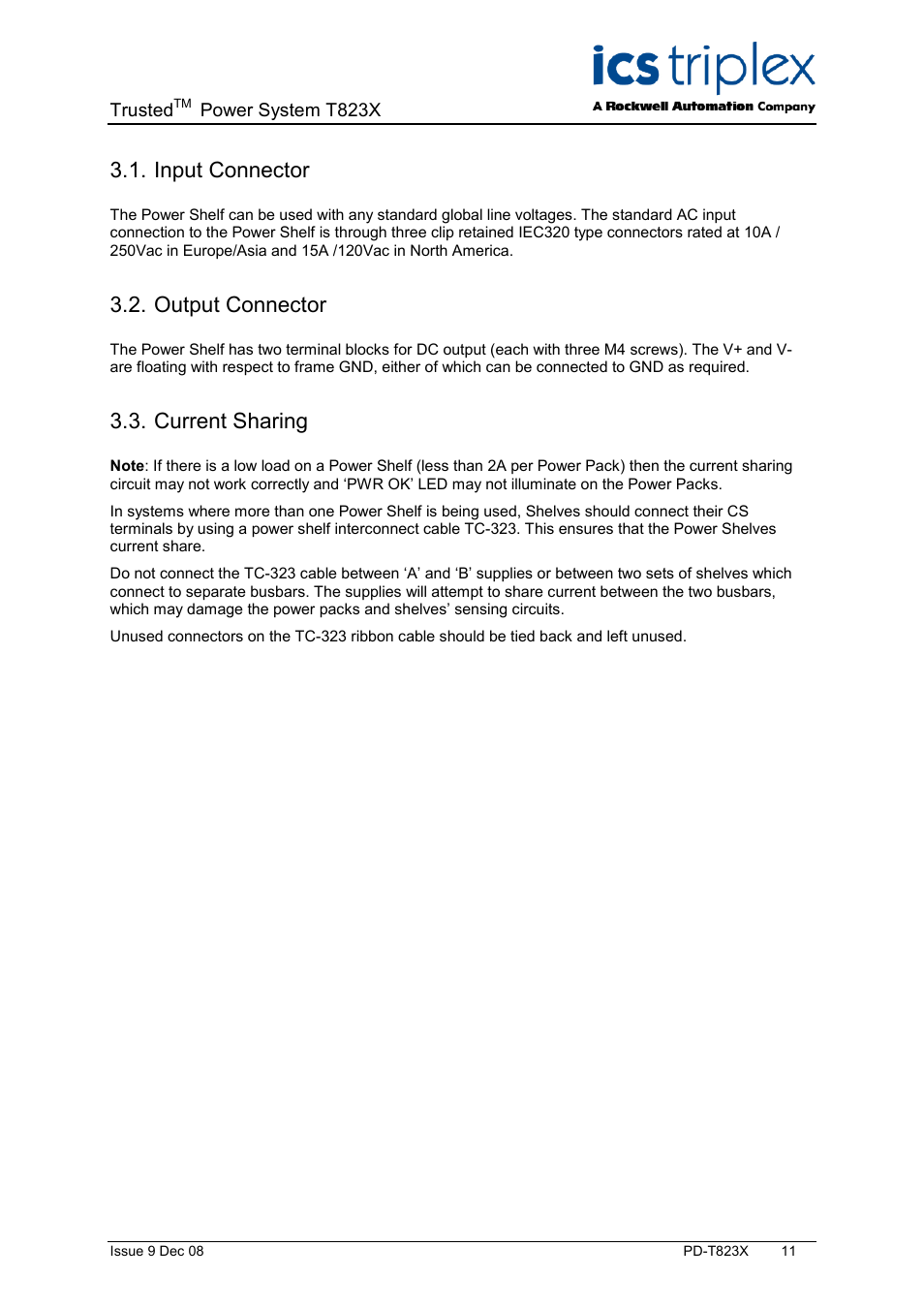 Input connector, Output connector, Current sharing | Rockwell Automation T823X Trusted Power System User Manual | Page 11 / 32