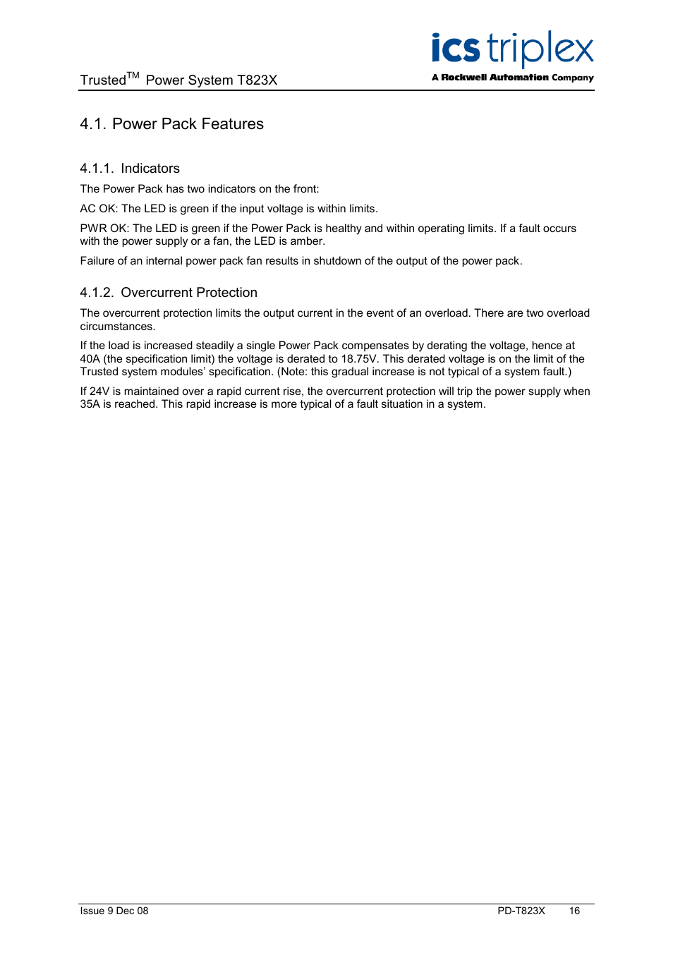 Power pack features, Indicators, Overcurrent protection | Rockwell Automation T823X Trusted Power System User Manual | Page 16 / 32