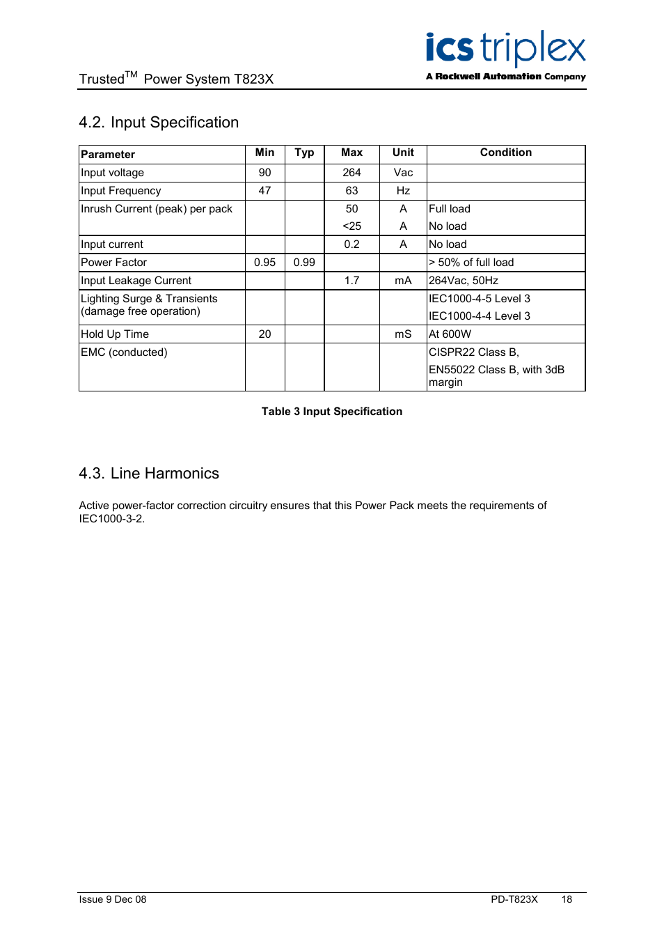 Input specification, Line harmonics, Table 3 input specification | Trusted, Power system t823x | Rockwell Automation T823X Trusted Power System User Manual | Page 18 / 32